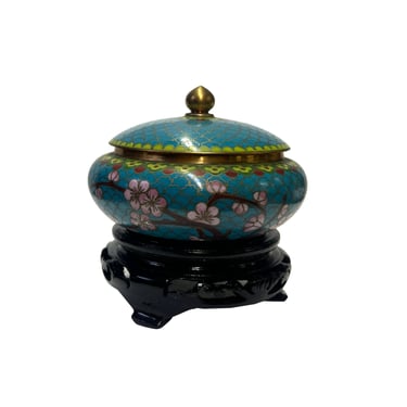 Chinese Teal Turquoise Metal Cloisonné Blossom Flower Theme Round Box ws3679E 