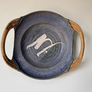 1980’s Jensen Art Studio Stoneware Wall  Plate /  Bowl with Woven Wicker Handles 