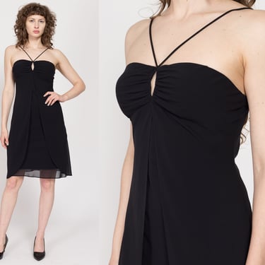 Sm-Med 90s Flowy Black Mini Party Dress | Vintage Keyhole Neck Spaghetti Strap Cocktail Dress 