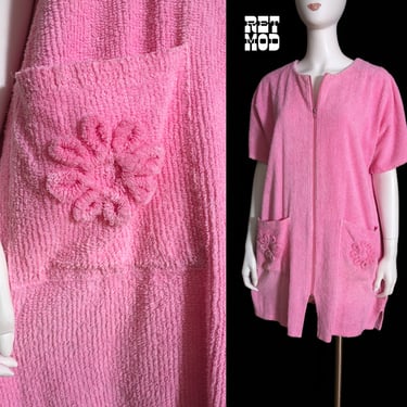 Cute Vintage 80s Pink Chenille Short Zip Front Robe House Dress with Flower Pockets 