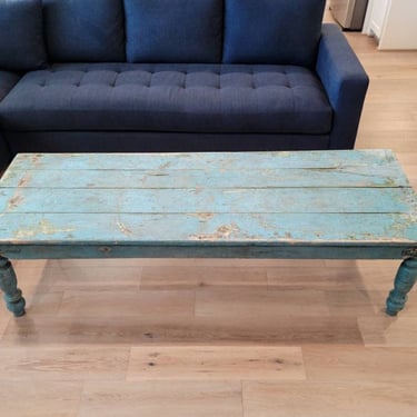 Antique Victorian Farmhouse Painted Pine Coffee Table with Distressed Blue Chippy Paint 