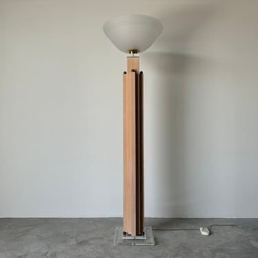 1980's Italian Postmodern Wood & Glass Shade Torchiere Floor Lamp 