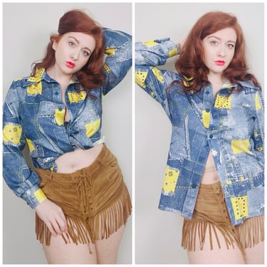 1970s Vintage Poly Knit Patchwork Print Blouse / 70s / Seventies Polyester Denim Western Yellow / Blue Shirt / Size Large -XL 