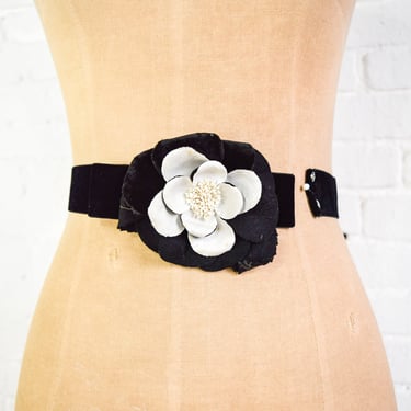 1940s Black & White Flower Belt | 40s Black Velvet Flower Belt | Small 
