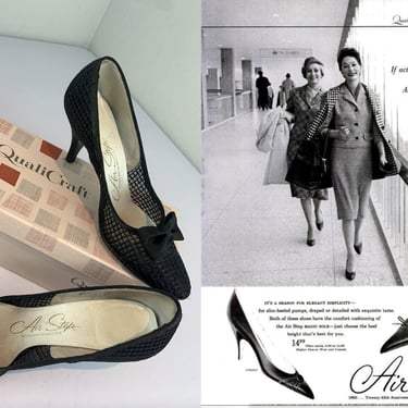 Stylish Gate Arrivals - Vintage 1950s 1960s Black Mesh Fabric Pumps Heels Shoes - 6 1/2 