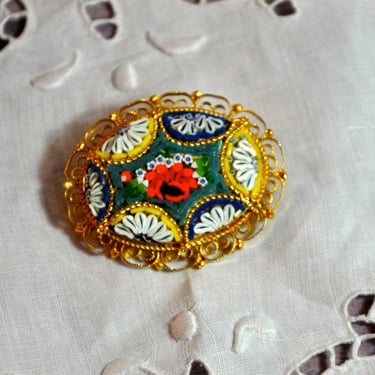 Micro Mosaic Brooch Hand Made In Italy Glass Micro Mosaic Collectible Gift for Her Filigree Gold Trim Floral Design Rich Colors 