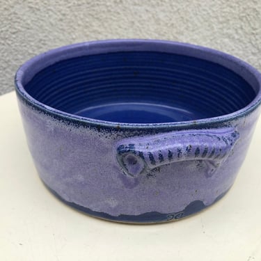 Vintage modern stoneware pottery casserole bowl yummy purple blue tones stamped DC 7.5” 