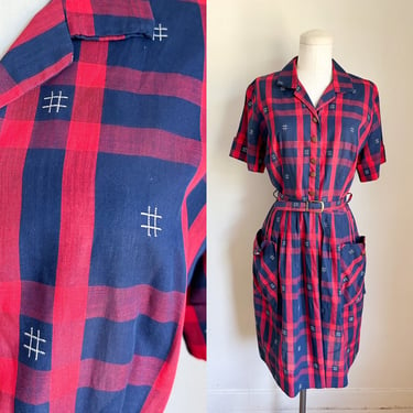 Vintage 1950s Hashtag Plaid Shirt Dress / M 