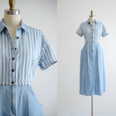 striped denim dress | 80s 90s vintage Liz Claiborne button down shirtwaist jean midi dress 