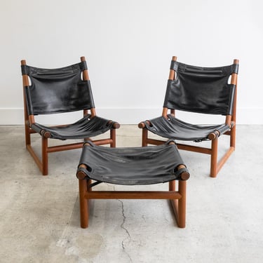 Vintage Rosewood Leather Sling Lounge Chairs with Matching Ottoman circa 1960 