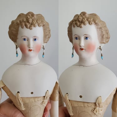 Parian Doll with Ornate Blonde Hairstyle and Pierced Ears - Antique German Dolls - Collectible Dolls 18.5" Tall 
