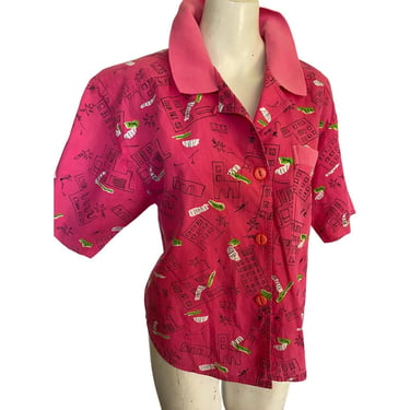 80s Vintage ABSTRACT PRINT shirt, men's 80's shirt, retro hot pink streetwear, unisex vintage 90s shirt long sleeve, size small medium s m 