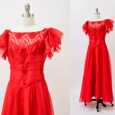 Vintage 70s Prom Dress Size Small Medium Red embroidered Ruffle Dress// 70s 80s Bridesmaid Dress Red Boho Prairie Southern Bell Dress 
