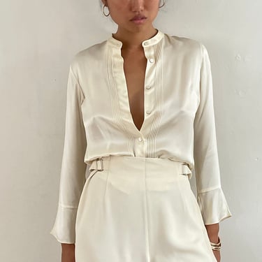 90s silk charmeuse blouse / vintage ivory silk charmeuse mandarin collar pin tuck bell sleeve blouse | Medium 