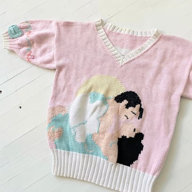 Vintage Pastel Appliqué Lovers + House Knit Sweater 