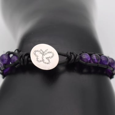 Vintage amethyst sterling leather goth bracelet, edgy 925 silver butterfly button clasp bracelet 