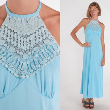 Long Blue Dress 70s Maxi Dress Crochet Trim Halter High Neck Open Back Sleeveless Sundress Empire Waist Seventies Sun Vintage 1970s Small S 