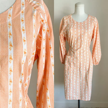 Vintage 1960s Apricot Floral Smock Apron / Apron Dress / M 