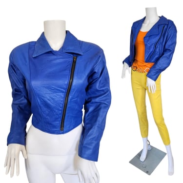 Firenze 1980s Cropped Blue Leather Moto Jacket I Coat I Sz Sm 