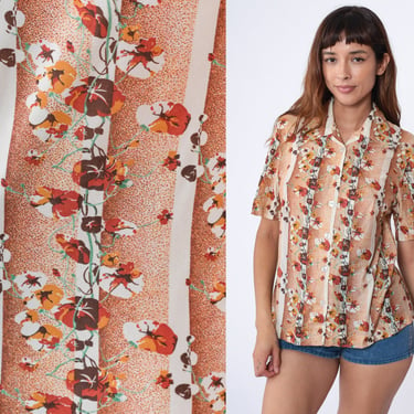 70s Floral Blouse Disco Button Up Shirt Short Sleeve Collared Top Groovy Burnt Orange Flower Print Hippie Vintage 1970s White Medium 