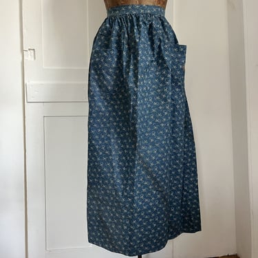 Antique Victorian Blue Indigo Cotton Calico Print Apron Dress Skirt Vintage