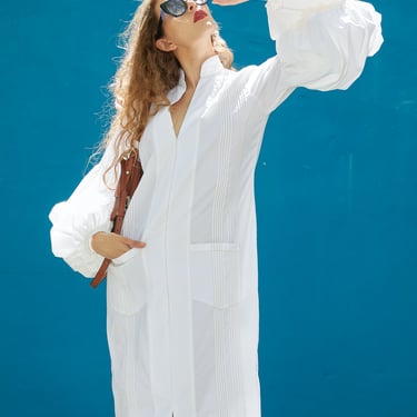 JOHANNA ORTIZ White/Tan Top Stitch Tiered Pouf Slv Zip Front Dress (Sz. 6)