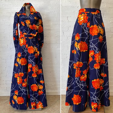 Vintage 1970s floral polyester pant set, wide leg palazzo pants, 70s mod outfit, blue and orange, cropeed wrap blouse, size small 