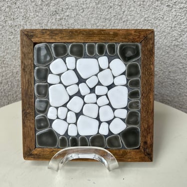 Vintage square wood grey white pebble tile trivet pot holder by Nevco made in Japan 