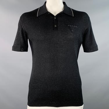 PRADA Size L Black Gold Shimmer Rib Knit Cashmere Blend Short Sleeve Polo