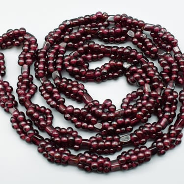1900's Bohemian garnet clusters opera length necklace, red purple almandine beads & rectangles long versatile antique necklace 