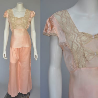 1930s peach satin loungewear pajamas with lace L/XL 
