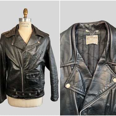 BIKER ESSENTIAL Vintage 60s Jacket | 1960s Black Leather Motorcycle Jacket | Moto Biker Rocker | Men's Size Medium 