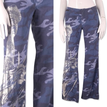 Y2K DKNY NYC Camo Print Low Rise Pants Jeans Flares Size 29. Womens, New York City Lover Theme 