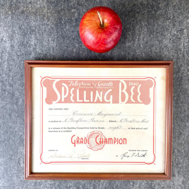 1940s Spelling Bee Grade Champion framed certificate 