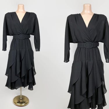 VINTAGE 80s Black Rayon Belted Ruffle Sweep Dress With Batwing Sleeves | 1980s Avant-Garde Party Dress by Late Edition Sz 8 | vfg 