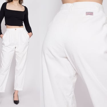M| 80s White Corduroy High Waisted Pants - Medium, 27.5" | Vintage Pleated Tapered Leg Cotton Retro Trousers 
