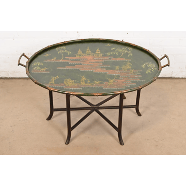 Baker Furniture Style Hollywood Regency Chinoiserie Faux Bamboo Tole Tray Coffee Table