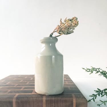 Vintage Beige Pottery Cylinder Vase/Weed Pot Bud Vase/ Rustic Farmhouse, French Country Cottage Decor/ Earthenware Clay Pot 