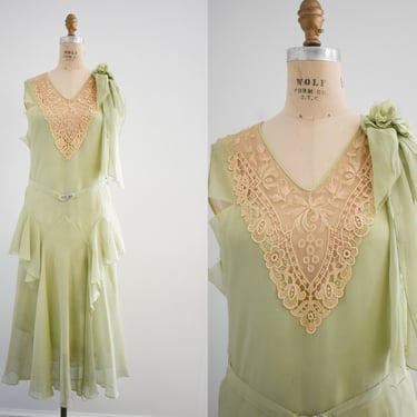 1920s/30s Green Silk Chiffon Dress 