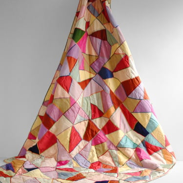 Vintage Silk Crazy Quilt, Handmade Colorful Silk Blanket 