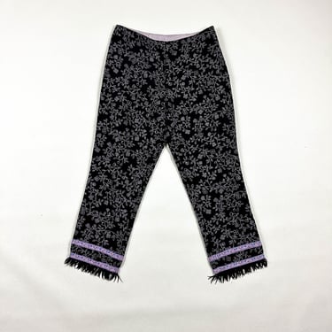 1990s Betsey Johnson Black and Purple Floral Cutout Capri Pants / Large / Beaded Fringe / Sheer Overlay with Cutouts / y2k / 00s / Cyber 