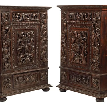 Antique Cabinets, Renaissance Revival, A Pair, Carved, Single Door, 1800's!