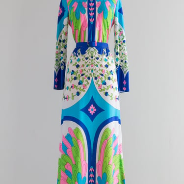 Fabulous 1960's Nat Kaplan Psychedelic Deco Print Maxi Dress / Medium