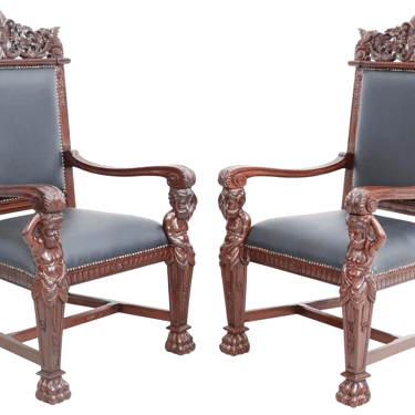 Armchairs, Pair of Renaissance Style, Carved Wood, Mahogany, NailHead Trim, Cres Condition: