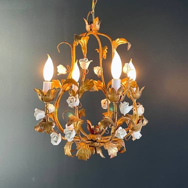 Vintage Italian Gold-Leafed Tole Chandelier With Porcelain Roses, c.1960’s 