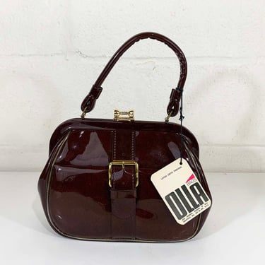 Vintage Brown Mod Purse Large Faux Patent Leather Bag by Olla USA Top Handle 1960s 60s Handbag Kisslock Mid Century Structured 