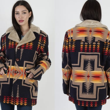 70s Pendleton Southwestern Wool Coat, Native American Shawl Collar Coat, Vintage 1970's Chief Joseph Print Blanket 