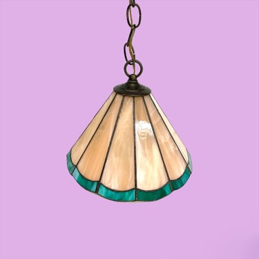 Vintage Pendant Lamp Retro 1980s Art Deco Revival + Stained Glass + Swag Light + Pink + Turquoise + Small Size + Mood Lighting + Home Decor 