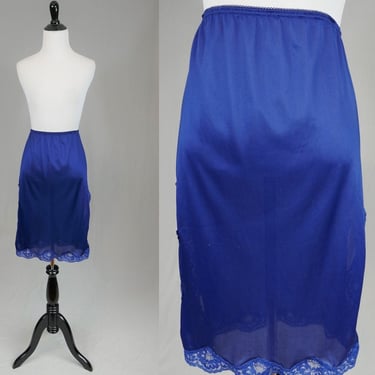 80s Blue Skirt Slip - Long Slit On Each Side - Lace Hem - Nylon Half Slip - Vintage 1980s - XS S 