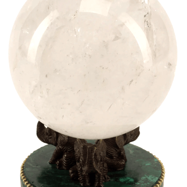 Rock Crystal Sphere On Malachite and Patinated Bronze Tiled Base, 7 Inches Tall!